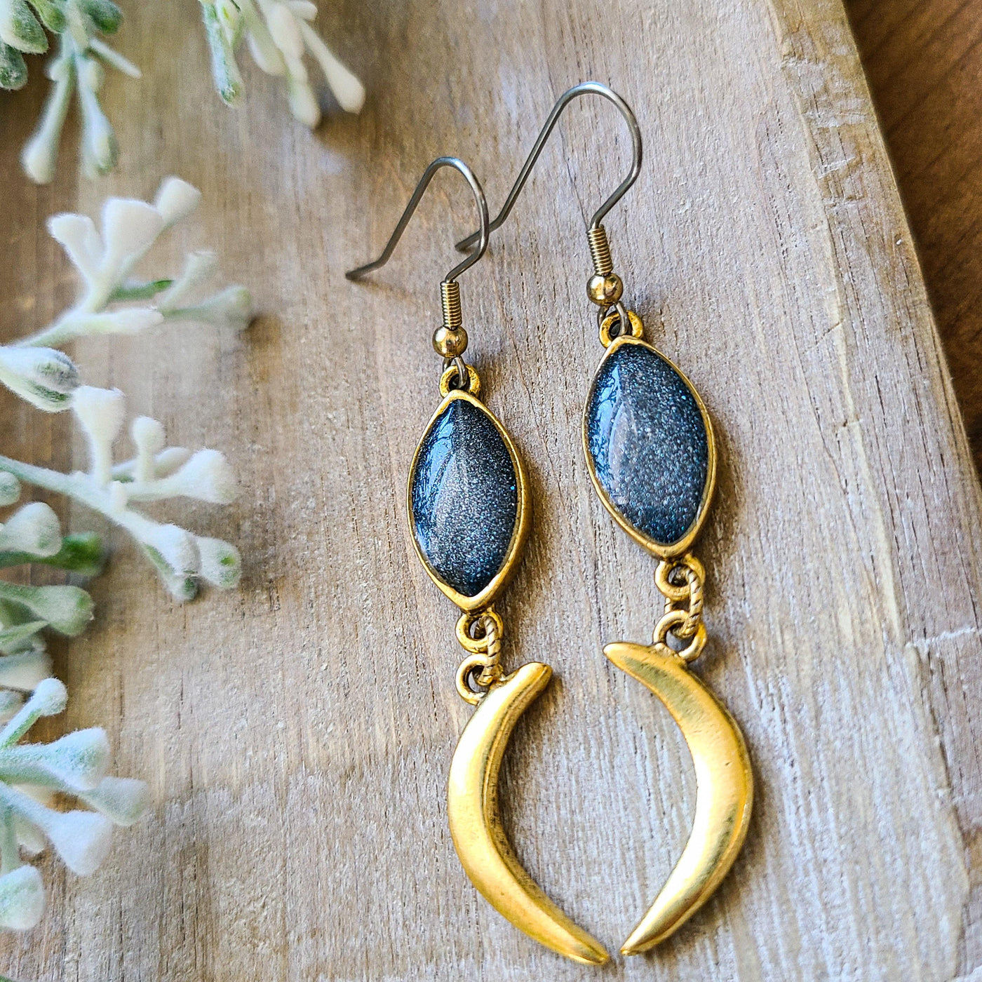 Galaxy Navette + Crescent Moon Earrings | Earrings - Little Blue Bus Jewelry