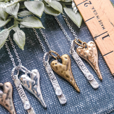Rustic Heart + "xoxo" Crystal Bar Necklace - Little Blue Bus Jewelry