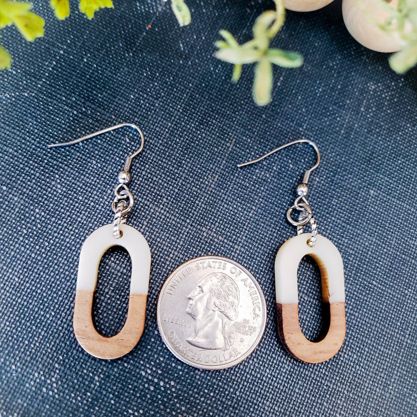 Wood and White Oval Resin Earrings - Little Blue Bus Jewelry