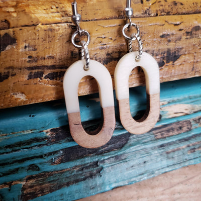 Wood and White Oval Resin Earrings - Little Blue Bus Jewelry